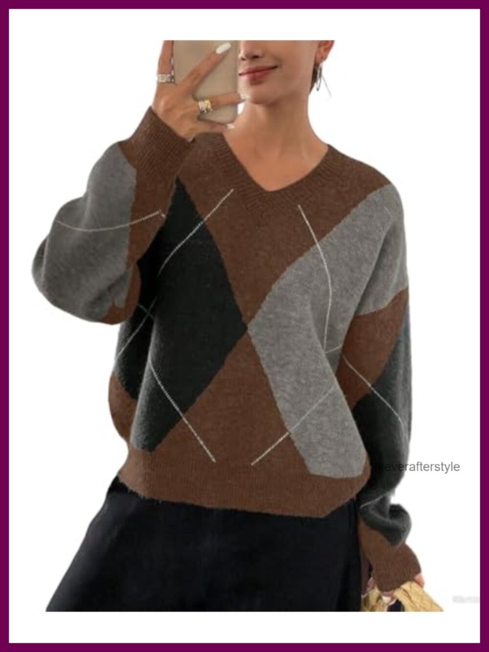 Women's V-Neck Argyle Sweater Pullover Oversized Chunky Knit Long Sleeve
